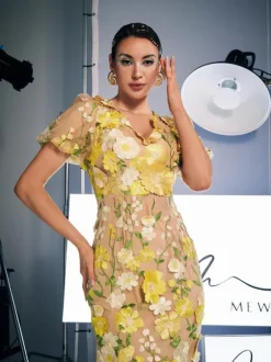 Grayson Flower Embroidered Midi Dress In Yellow