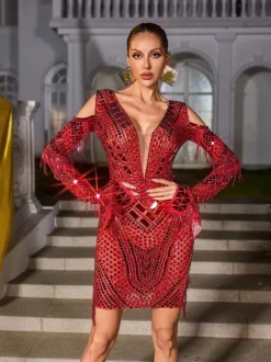 Gwyndara Rhinestone Fringe Acrylic Mini Dress