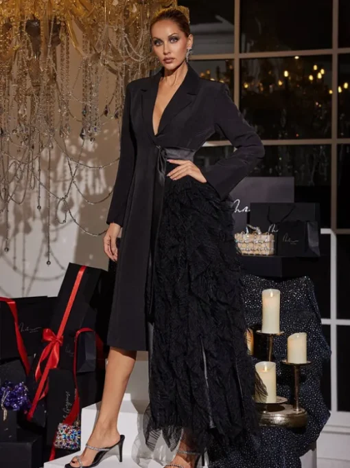 Haban Tulle Trimmed Lapel Coat