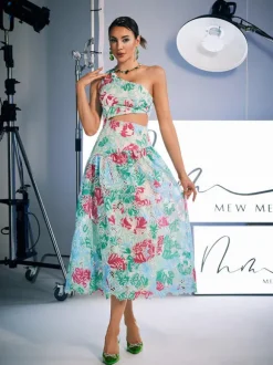 Habib One Shoulder Print Embroidered Dress