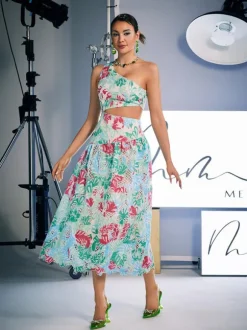 Habib One Shoulder Print Embroidered Dress