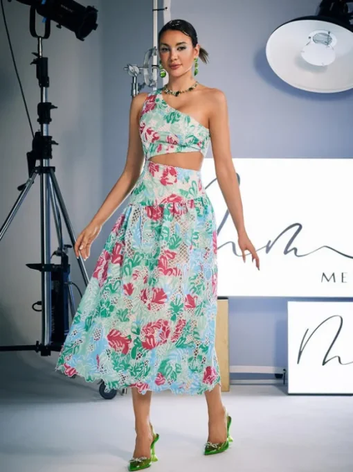 Habib One Shoulder Print Embroidered Dress