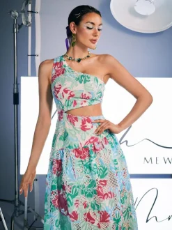 Habib One Shoulder Print Embroidered Dress