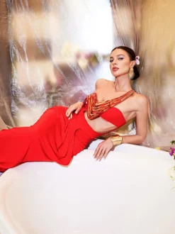 Hailey Strapless Cutout Draped Maxi Dress In Red