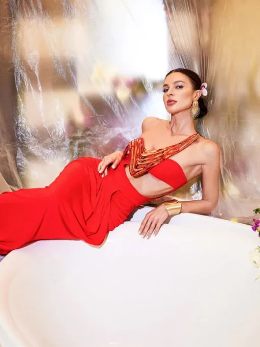 Hailey Strapless Cutout Draped Maxi Dress In Red