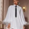 Hajar Folded Collar Feather Mini Dress In White