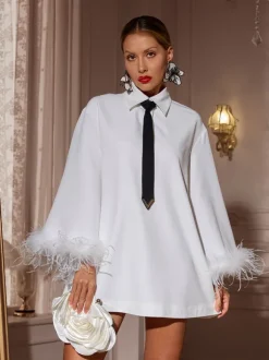 Hajar Folded Collar Feather Mini Dress In White