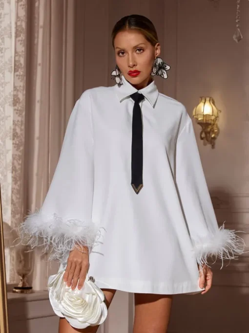 Hajar Folded Collar Feather Mini Dress In White