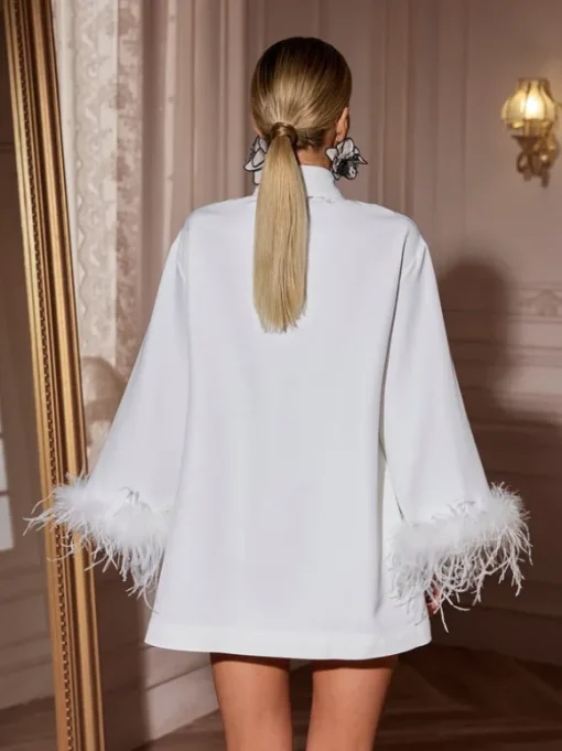 Hajar Folded Collar Feather Mini Dress In White