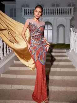Hank Rhinestone Printed Mesh Maxi Dress