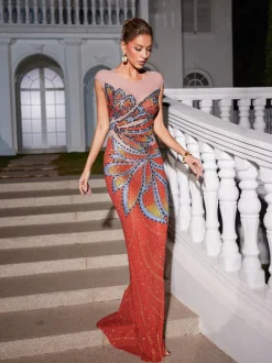 Hank Rhinestone Printed Mesh Maxi Dress