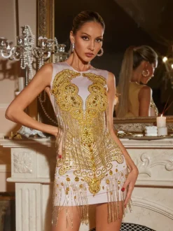 Harrick Embellished Fringe Mini Dress