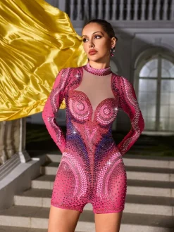 Havilya Long Sleeve Embellished Romper In Hot Pink