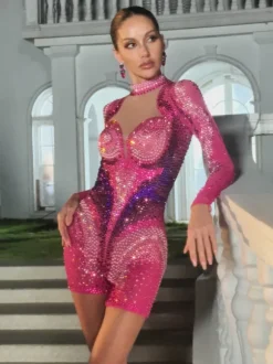 Havilya Long Sleeve Embellished Romper In Hot Pink