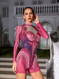 Havilya Long Sleeve Embellished Romper In Hot Pink