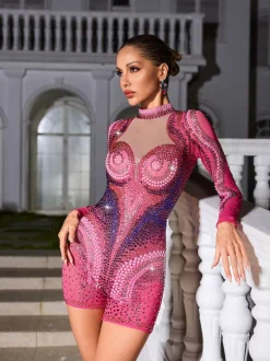 Havilya Long Sleeve Embellished Romper In Hot Pink