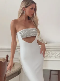 Hrbi Rhinestone Cutout Bandage Dress