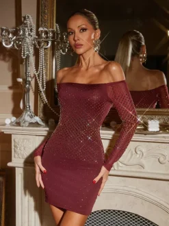 Hummer Off Shoulder Rhinestone Mini Dress
