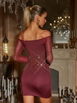 Hummer Off Shoulder Rhinestone Mini Dress