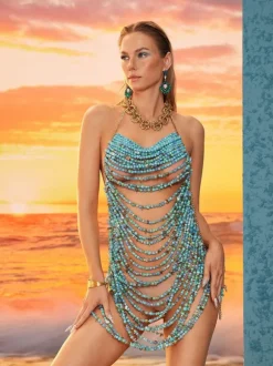 Huxley Beaded Fringe Dress In Blue