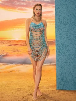 Huxley Beaded Fringe Dress In Blue