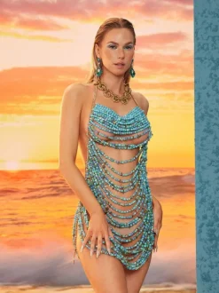 Huxley Beaded Fringe Dress In Blue