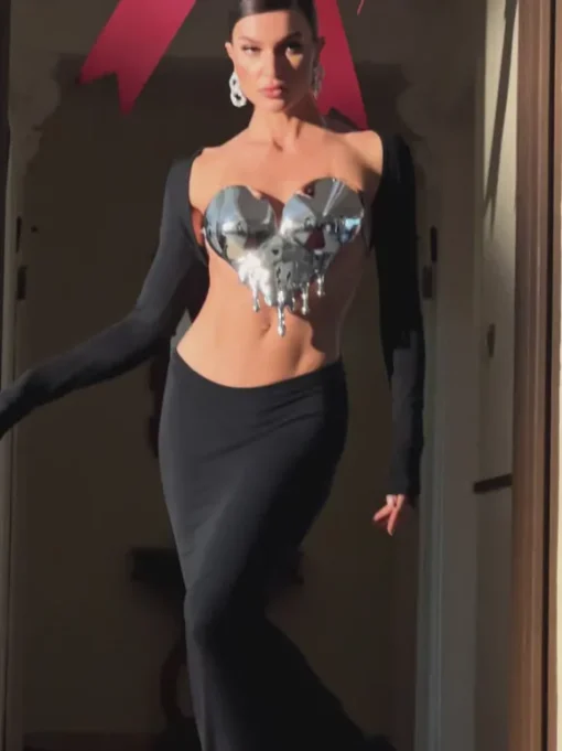 Iago Metallic Heart Drop Armor Top In Silver