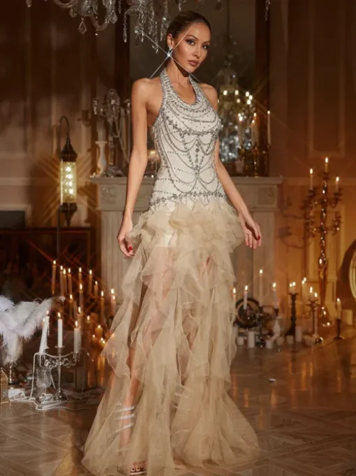 Ichirou Halterneck Crystal Tulle Maxi Dress