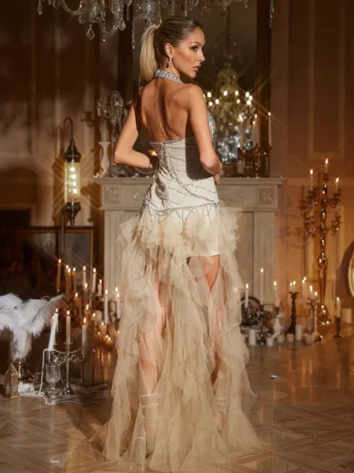 Ichirou Halterneck Crystal Tulle Maxi Dress