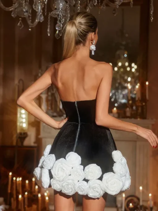 Ifama Strapless Flower Velvet Mini Dress