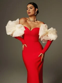 Ifra Off Shoulder Flower Bandage Maxi Dress In Red