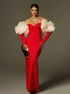 Ifra Off Shoulder Flower Bandage Maxi Dress In Red