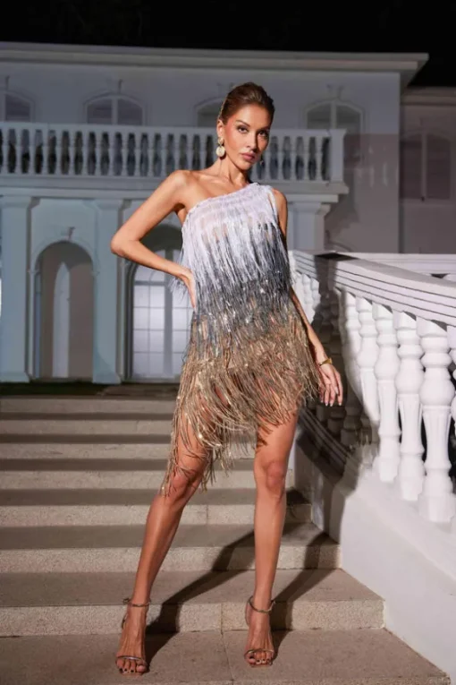 Imre One Shoulder Fringe Sequin Dress