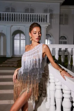 Imre One Shoulder Fringe Sequin Dress