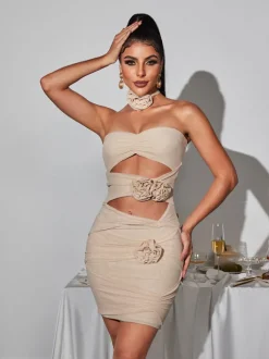 Inara Strapless Flower Cutout Mesh Dress