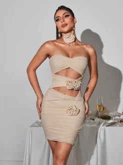 Inara Strapless Flower Cutout Mesh Dress