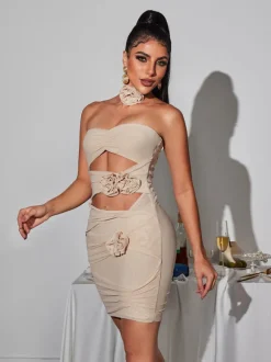 Inara Strapless Flower Cutout Mesh Dress