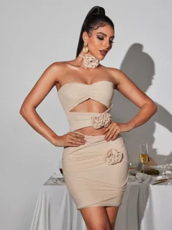 Inara Strapless Flower Cutout Mesh Dress