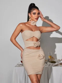 Inara Strapless Flower Cutout Mesh Dress