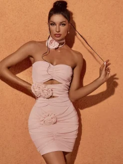 Inara Strapless Mesh Cutout Mini Dress In Blush