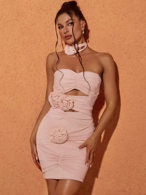 Inara Strapless Mesh Cutout Mini Dress In Blush
