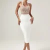 Isabella Halterneck Pearls Bandage Dress In Beige