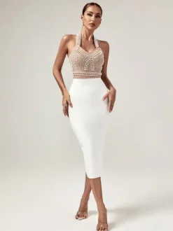 Isabella Halterneck Pearls Bandage Dress In Beige