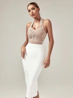 Isabella Halterneck Pearls Bandage Dress In Beige