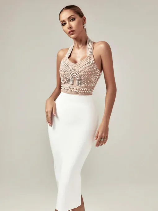 Isabella Halterneck Pearls Bandage Dress In Beige