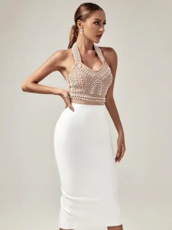 Isabella Halterneck Pearls Bandage Dress In Beige