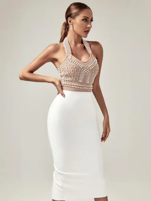 Isabella Halterneck Pearls Bandage Dress In Beige