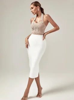 Isabella Halterneck Pearls Bandage Dress In Beige