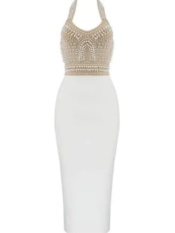 Isabella Halterneck Pearls Bandage Dress In Beige