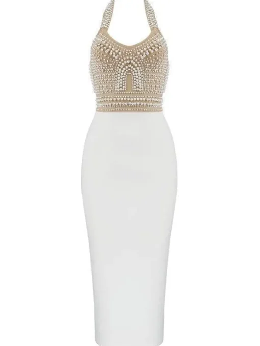 Isabella Halterneck Pearls Bandage Dress In Beige